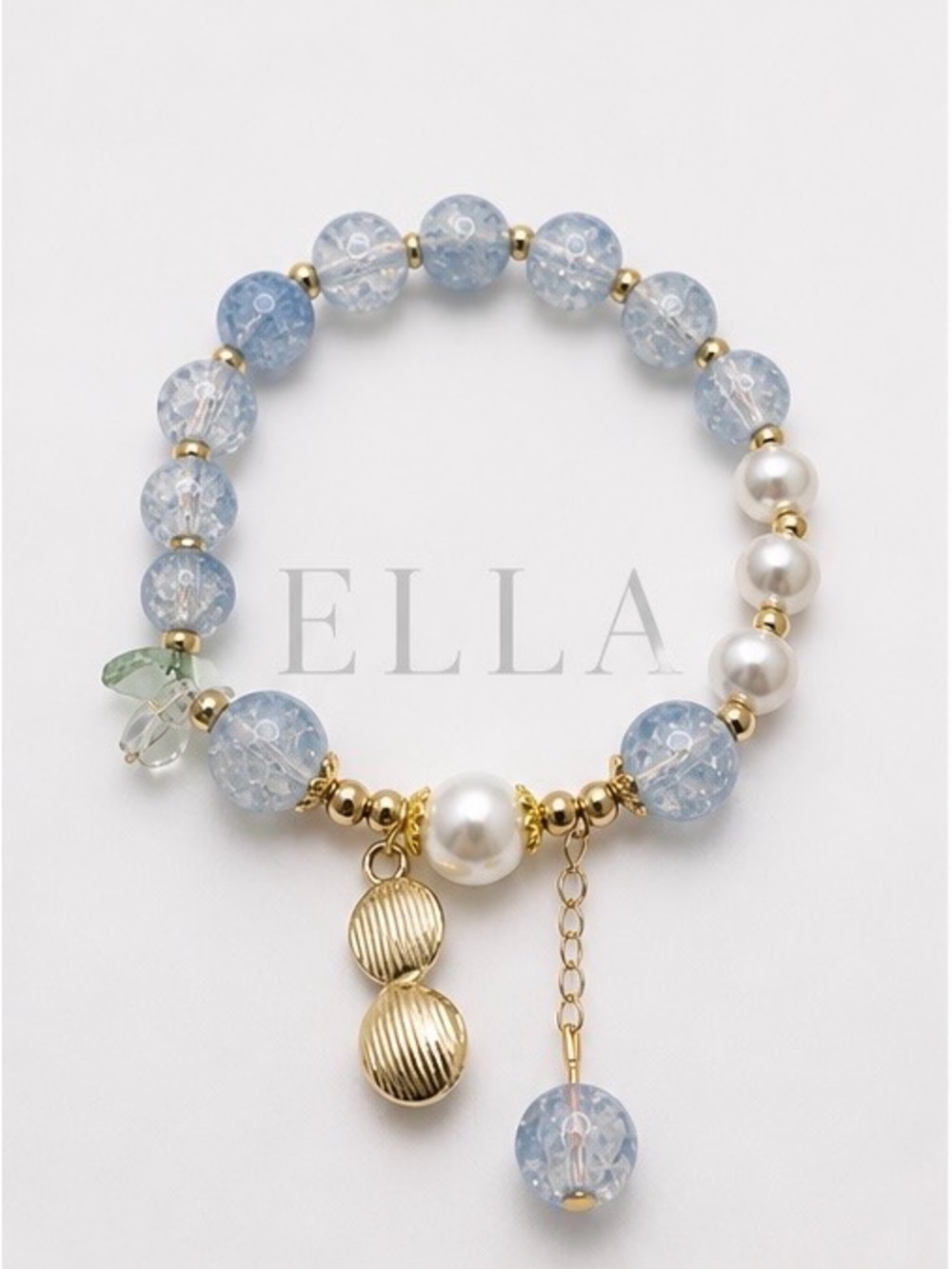 Icy Blue Crackle Beaded Bracelet | Pearl Charm Gold Tone | Minimalist Stack